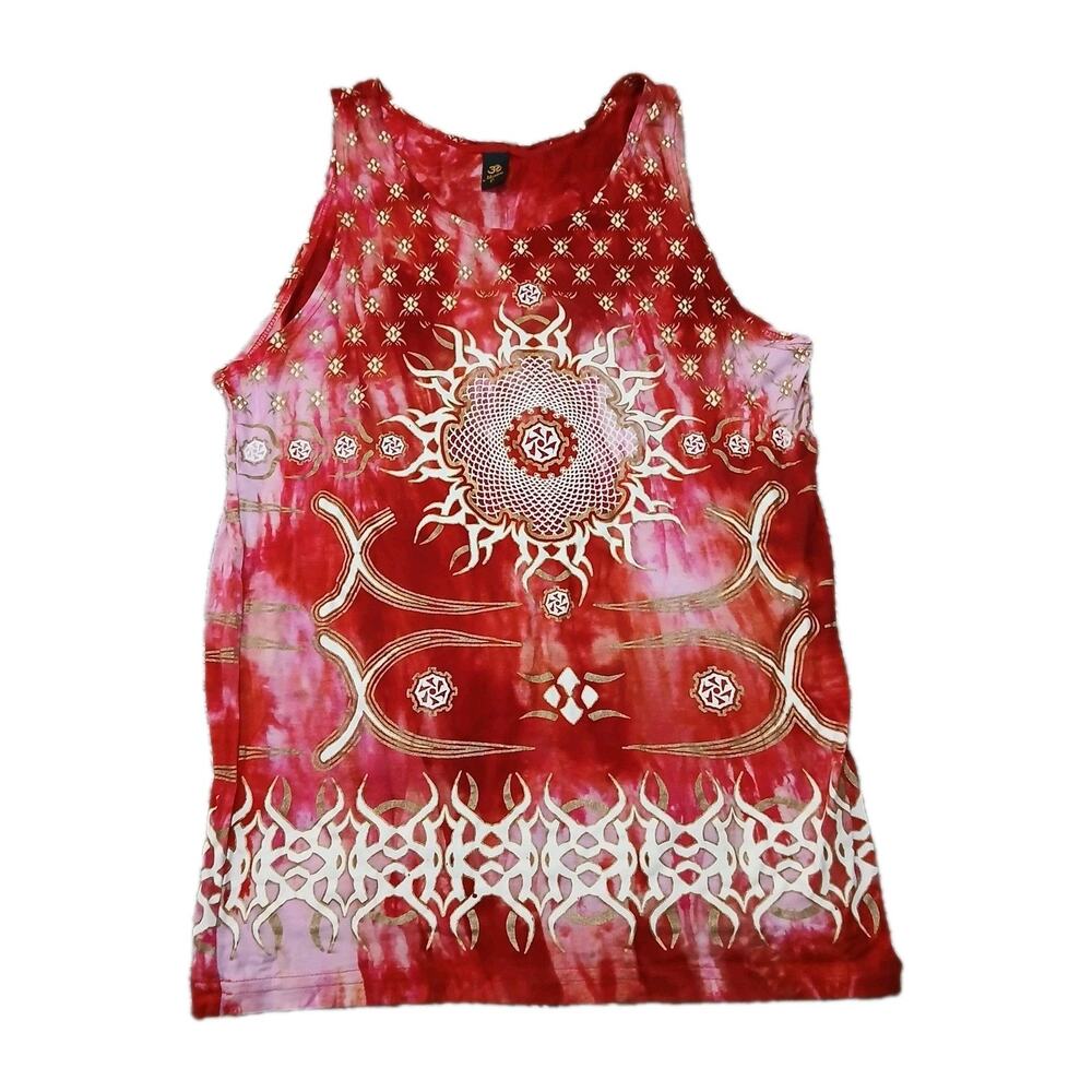 Mantra Women’s Red Tie Dye Boho Festival Tank Top Psychedelic Graphic Print Size